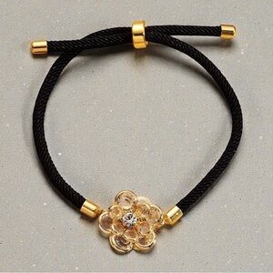 Black Rope Bracelet with Gold Flower Crystal Charm